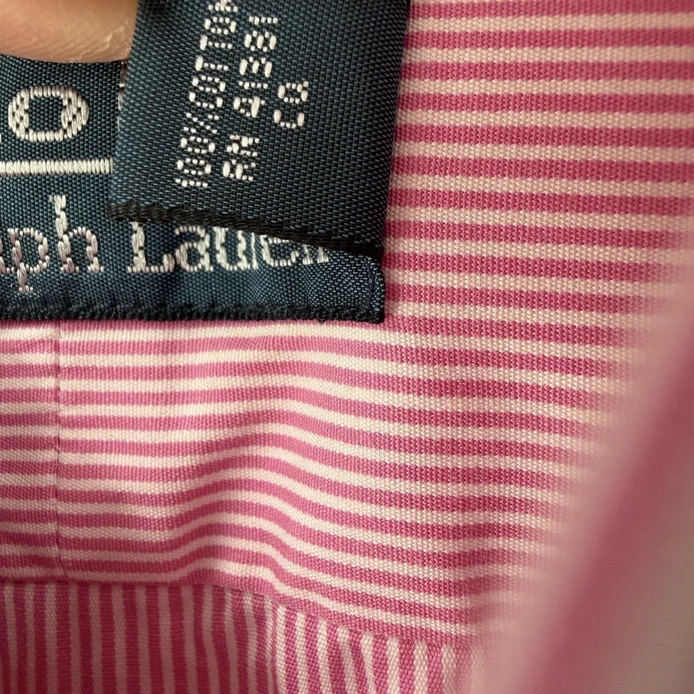 Polo Ralph Lauren Shirt Mens 16.5 32/33 Pink White‎ Stripe Long Sleeve Button Up